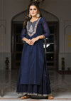 Kaajh Navy Blue Embroidered Chanderi Ethnic Kurta