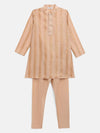 Ahalyaa Boys Beige Chanderi Gold Foil Print Kids Kurta Churidar Set