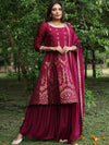 Libas Maroon Brocade Silk Blend A-Line Kurta With Sharara & Dupatta