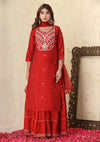 Kaajh Red Silk Embroidery Kurta Skirt Set