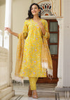 Kaajh Yellow Handblock Printed Cotton Suit Set - M