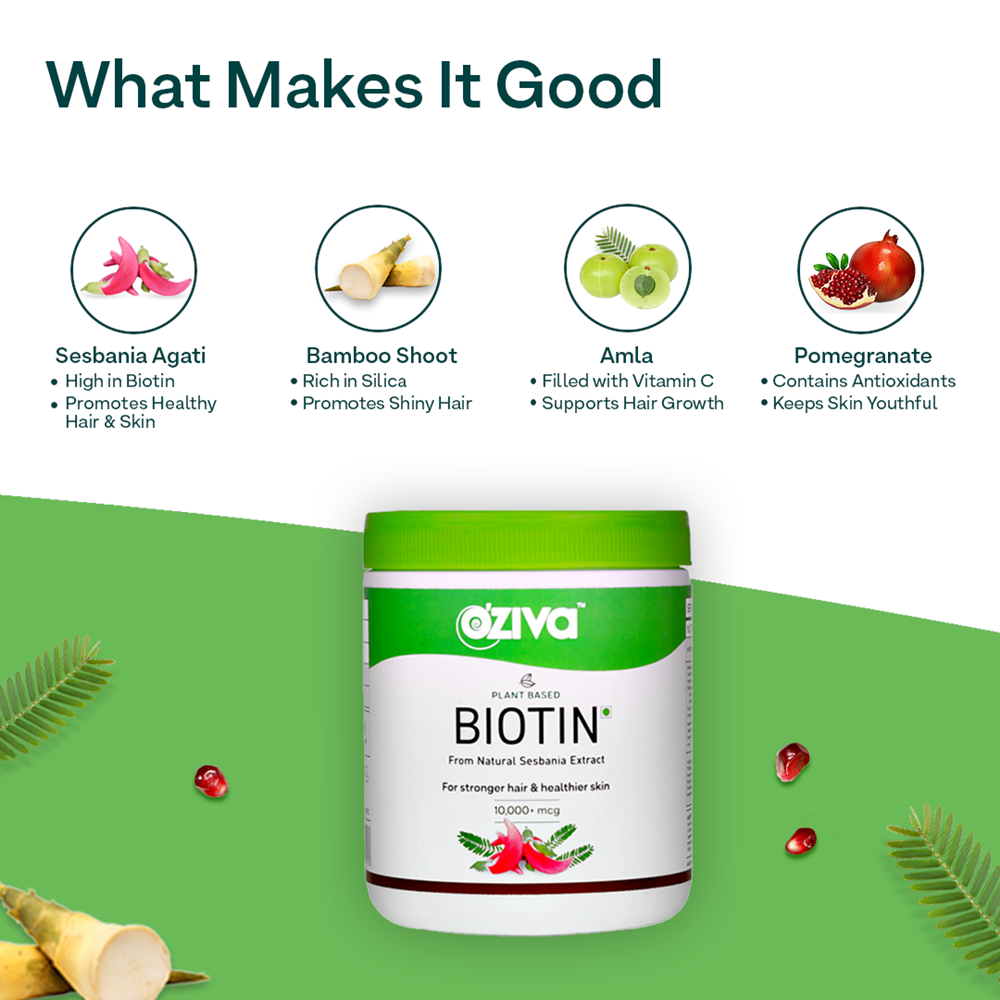 OZiva Plant Based Biotin: (10,000+ mcg) 120 Gm