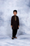 Ahalyaa Boys Black Crepe Gold Pigment Print Kids Kurta Churidar Set