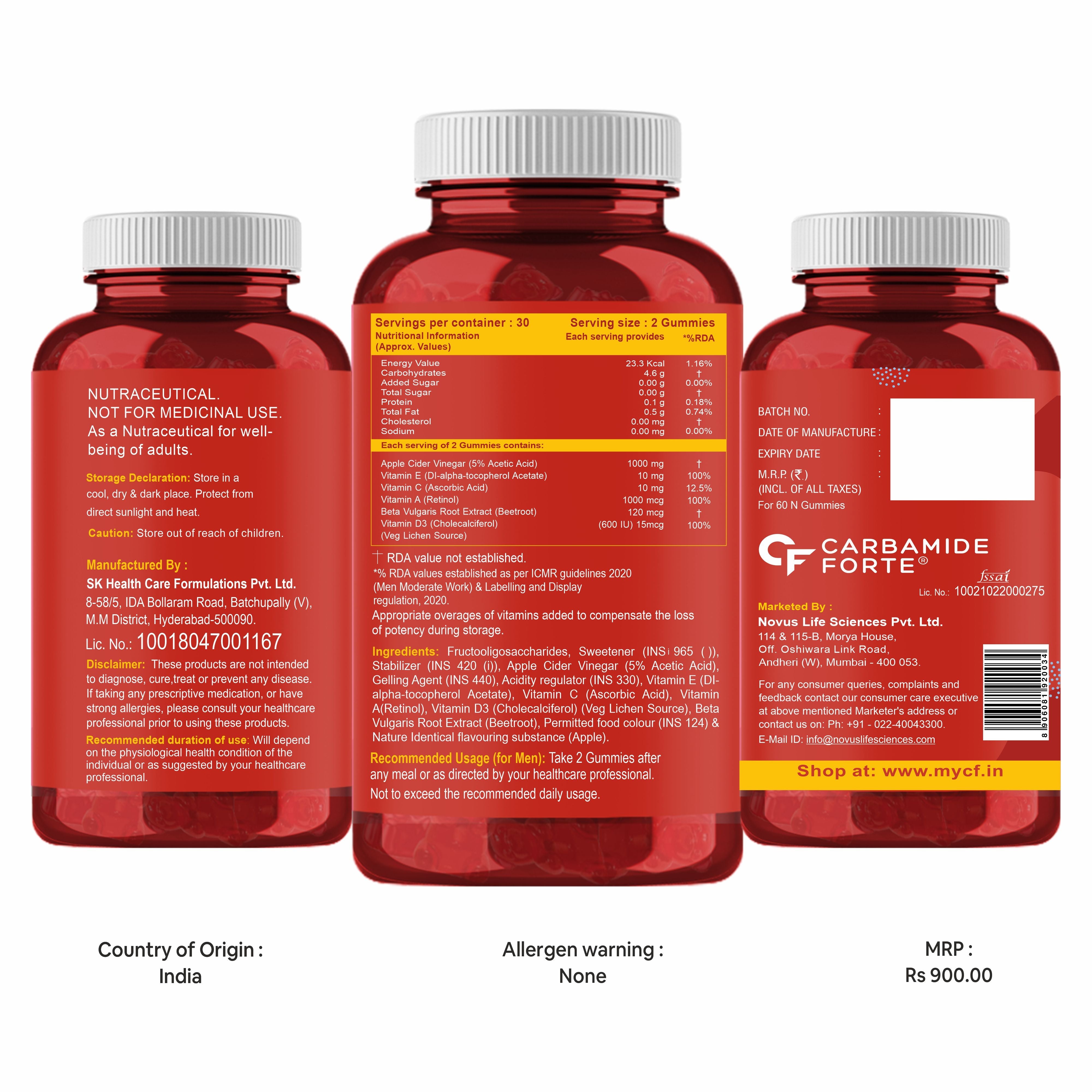 Carbamide Forte Apple Cider Vinegar Gummies with Vitamin D & E 60