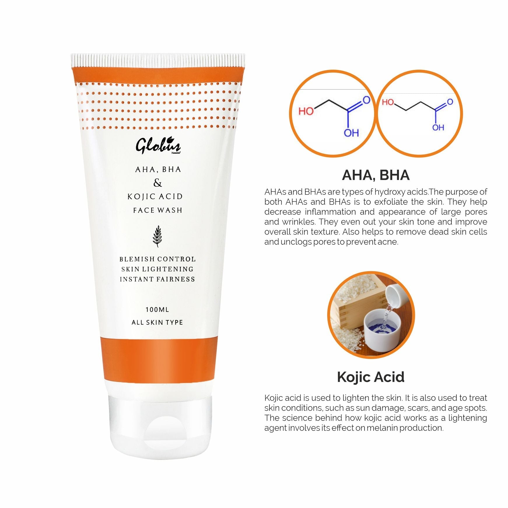 Globus AHA BHA & Kojic acid Face wash 100 ml Swadesii