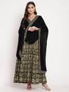 Ahalyaa Women's Black Georgette Gold Foil Print Flared Kurta with Dupatta
