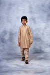 Ahalyaa Boys Beige Poly Silk Gold Printed Kids Kurta Churidar Set