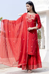 Kaajh Red Modal Silk Kurta Sharara And Dupatta Set