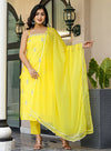 Kaajh Yellow Sleeveless Silk Kurta Pant With Dupatta Set