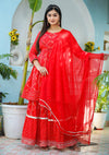 Kaajh Red Bandhej Cotton Paplum Kurta Sharara With Dupatta