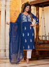 KaajhNavy Blue Lucknow Chikankari Kurta Pant Set With Dupatta