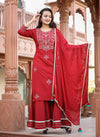 Kaajh Red Rayon Embroidered Kurta Sharara Set With Dupatta