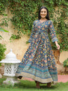 Kaajh Blue Floral Print Viscose Rayon Anarkali Dress