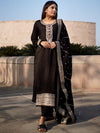 Libas Black Embroidered Silk Blend Straight Kurta With Dupatta