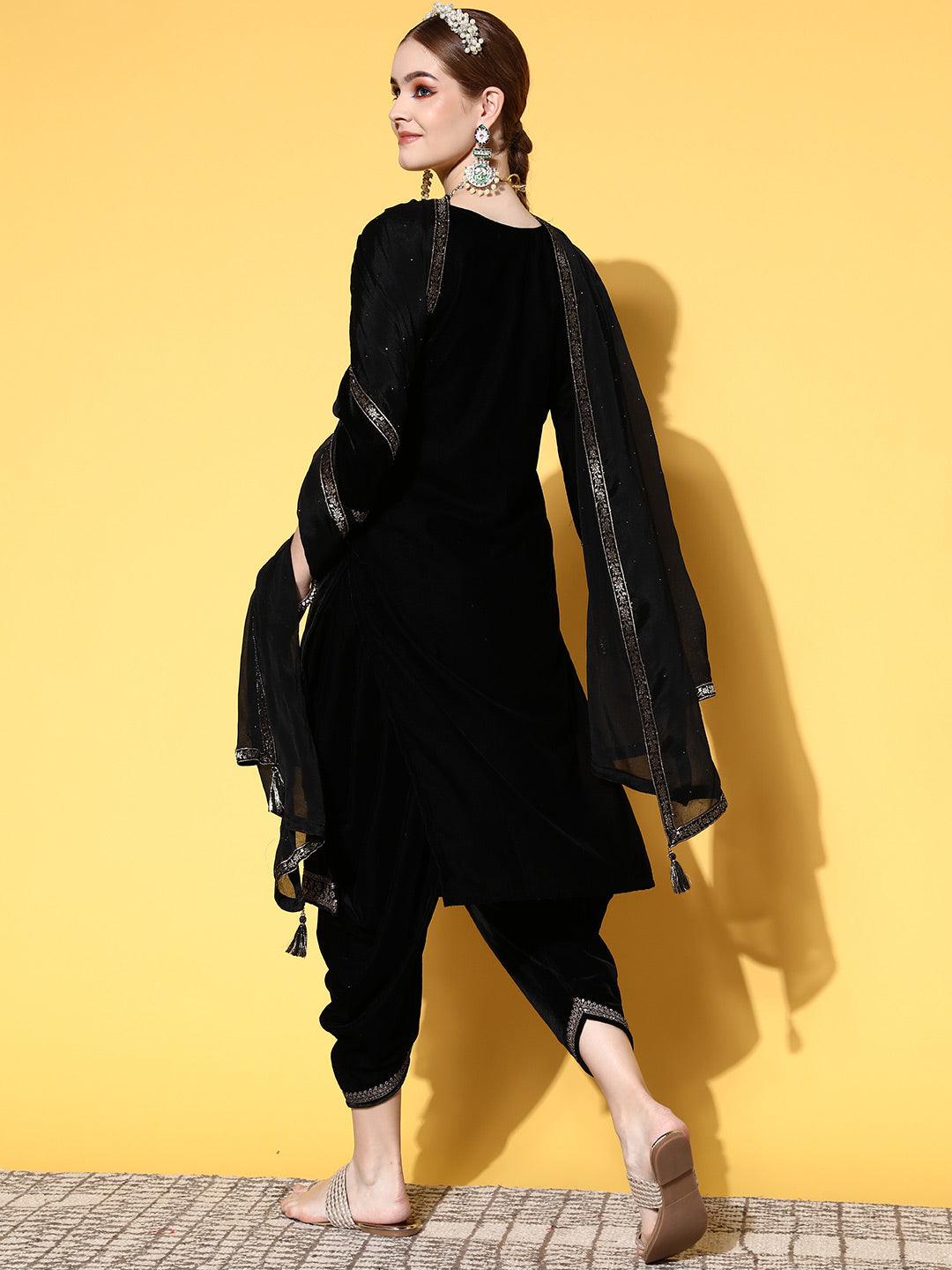 Libas Black Yoke Design Velvet Straight Kurta With Dhoti Pant & Dupatt -  Swadesii