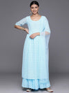 Libas Blue Embroidered Georgette A-Line Kurta With Palazzos & Dupatta