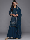 Libas Blue Embroidered Georgette Straight Kurta With Palazzos & Dupatta