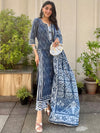 Libas Blue Printed Cotton Straight Kurta With Palazzos & Dupatta