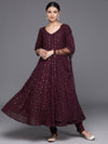 Libas Burgundy Embroidered Georgette Anarkali Kurta With Churidar & Dupatta