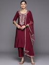 Libas Burgundy Yoke Design Silk Blend Straight Kurta With Dupatta