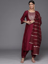 Libas Burgundy Yoke Design Silk Blend Straight Kurta With Salwar & Dupatta