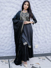 Libas Charcoal Yoke Design Silk Blend Straight Kurta With Sharara & Dupatta