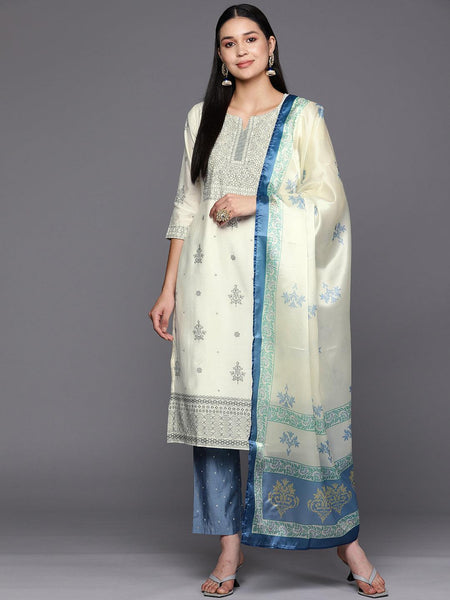 KAAJH Women Cream-Coloured Printed Pure Silk Kurta With Trousers & Dupatta  - Price History