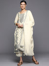 Libas Cream Woven Design Silk Blend Straight Kurta With Trousers & Dupatta