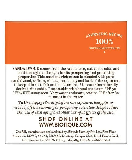 Biotique Advanced Ayurveda Sun Shield sandalwood 50+SPF UVB Sunscreen - Distacart