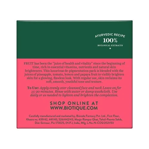 Biotique Bio Fruit Whitening & Depigmentation & Tan Removal Face Pack - Distacart
