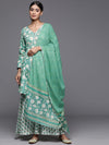 Libas Green Printed Cotton A-Line Kurti With Sharara & Dupatta