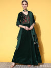 Libas Green Yoke Design Velvet Anarkali Kurta With Churidar & Dupatta - L