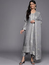 Libas Grey Embroidered Silk Blend Straight Kurta With Trousers & Dupatta