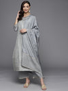 Libas Grey Woven Design Silk Blend Straight Kurta With Palazzos & Dupatta