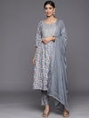 Libas Grey Yoke Design Rayon A-Line Kurta With Trousers & Dupatta