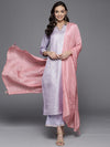 Libas Lavender Woven Design Silk Blend Straight Kurta With Palazzos & Dupatta