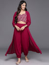 Libas Magenta Embellished Georgette Top With Salwar & Shrug