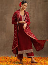 Libas Maroon Embroidered Silk Blend Straight Kurta With Trousers & Dupatta