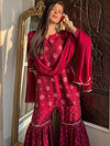 Libas Maroon Printed Silk Blend Straight Kurta With Sharara & Dupatta