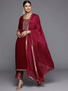 Libas Maroon Yoke Design Velvet Straight Kurta With Dupatta