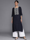 Libas Navy Blue Yoke Design Rayon Straight Kurta