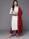 Libas Off-White Yoke Design Cotton Straight Kurta With Trousers & Dupatta