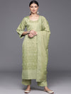 Libas Olive Embroidered Chanderi Silk Straight Kurta With Trousers & Dupatta