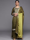 Libas Olive Yoke Design Silk Blend Straight Kurta With Sharara & Dupatta