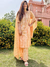 Libas Orange Printed Silk Blend Straight Kurta With Trousers & Dupatta