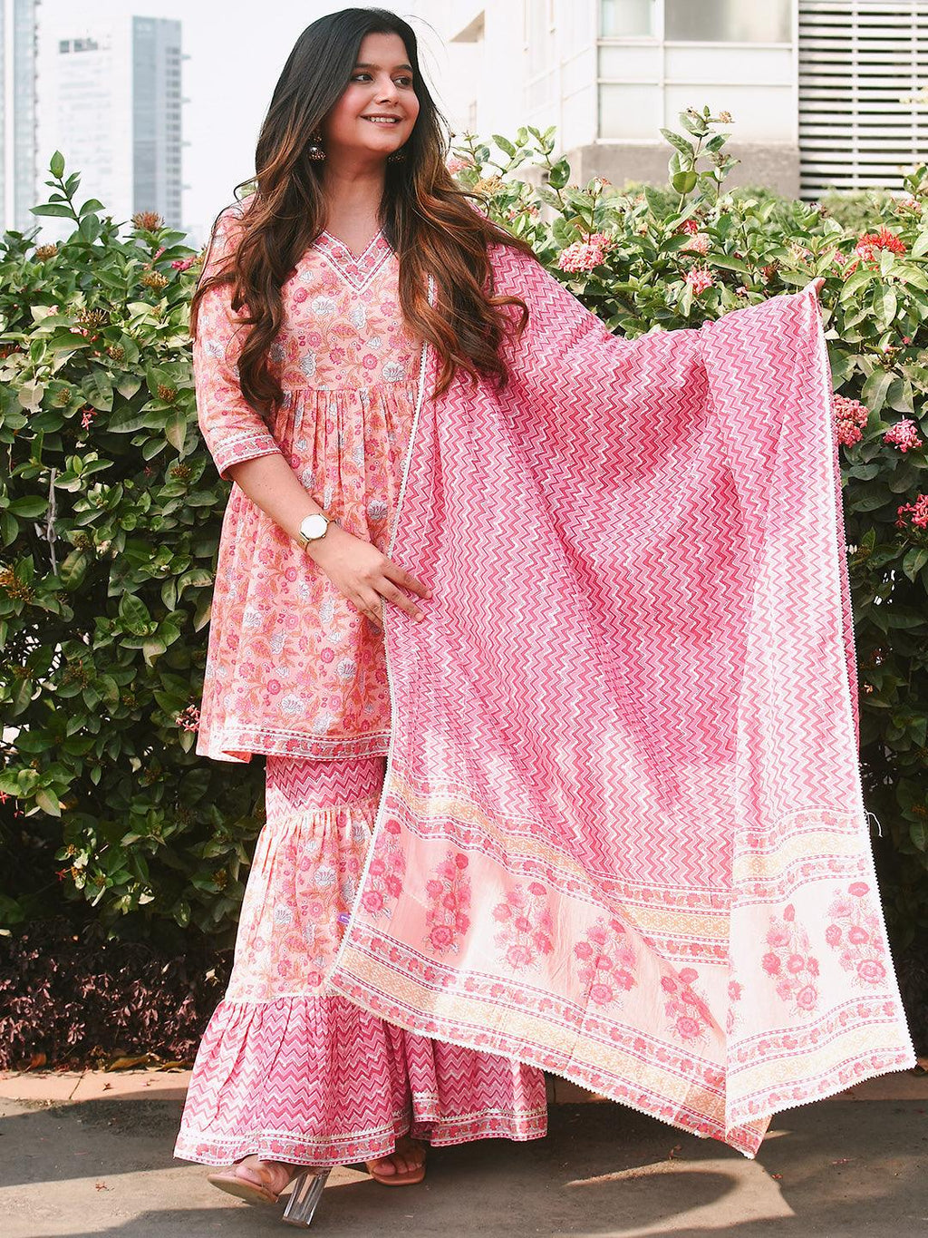 Libas Peach Printed Cotton Anarkali Kurti With Sharara Dupatta Swadesii