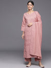 Libas Pink Embroidered Chanderi Silk Straight Kurta With Trousers & Dupatta