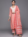 Libas Pink Printed Silk Blend Straight Kurta With Trousers & Dupatta