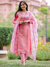 Libas Pink Yoke Design Silk Blend Straight Kurta With Trousers & Dupatta - XS