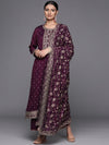 Libas Purple Embroidered Silk Blend Straight Kurta With Palazzos & Dupatta